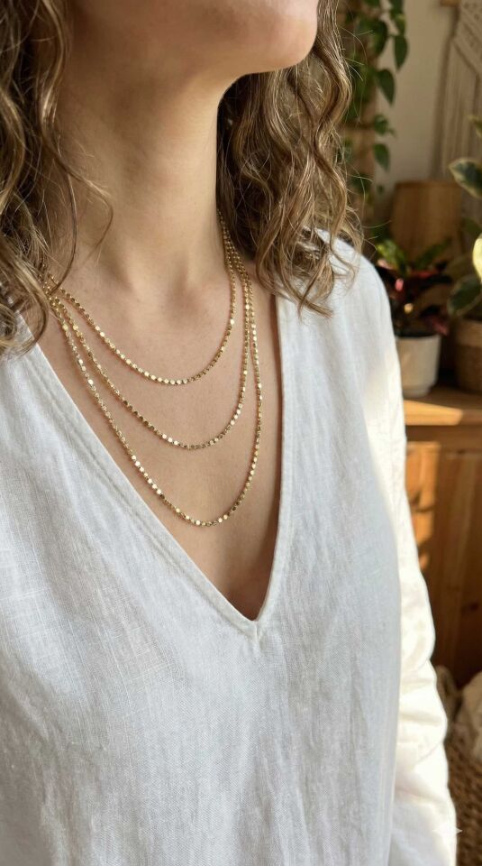 316L Çelik Zincir Gold Renk Ezme Zincir Model 3'lü Kadın Kolye