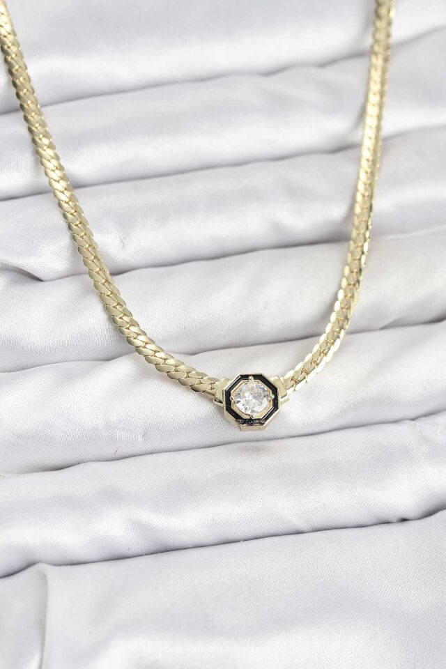 Gold Renk Pirinç Zirkon Taşlı Kadın Kolye