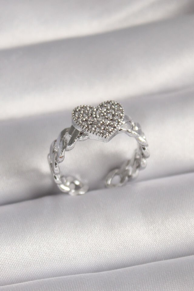 Pirinç Gümüş Renk Zirkon Taşlı Kalp Model Kadın Yüzük