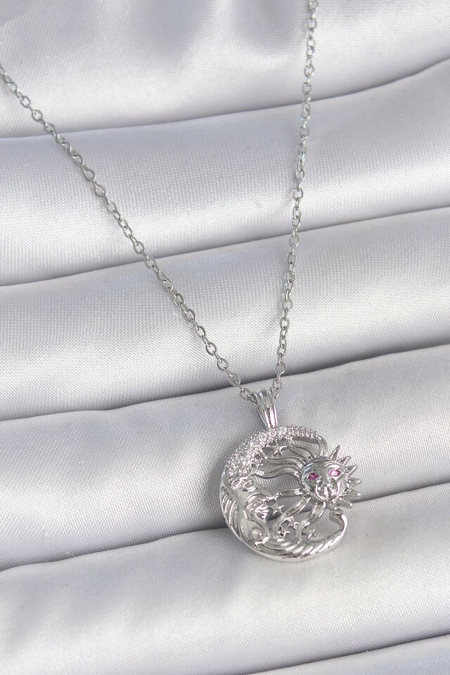 316L Çelik Gümüş Renk Zincir Ay Güneş Model Zirkon Taş Detay Kadın Kolye