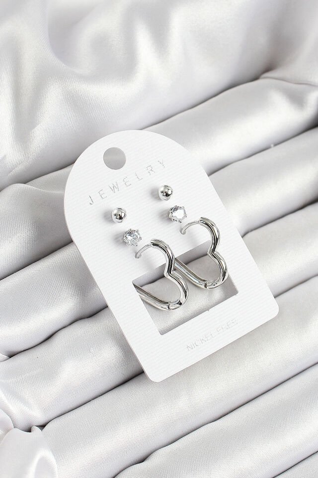 Pirinç Zirkon Taş Ve Kalp Figürlü Gümüş Renk 3'lü Çift Kadın Küpe Set