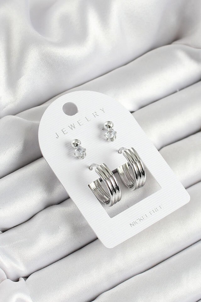 Pirinç Zirkon Taş Ve Halka Figürlü Gümüş Renk 3'lü Çift Kadın Küpe Set