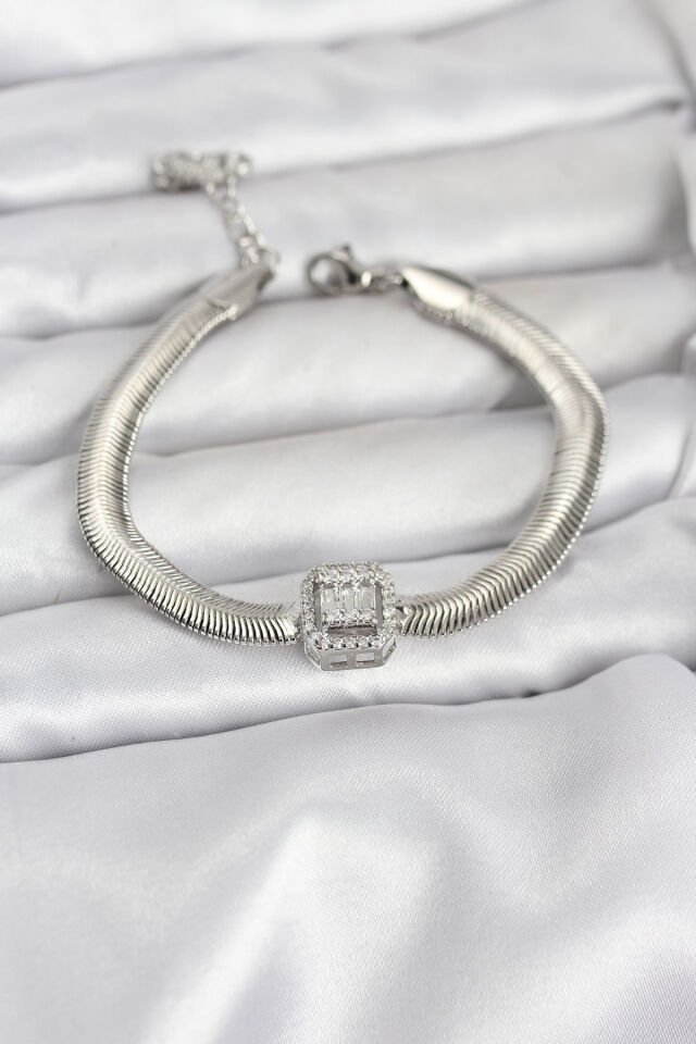 316L Çelik Gümüş Renk Baget Zirkon Taşlı Yılan Zincirli Kadın Bileklik