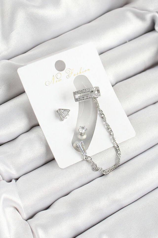 Pirinç Üçgen Figürlü Zirkon Taşlı Gümüş Renk 3'lü Kıkırdak Kadın Küpe Set