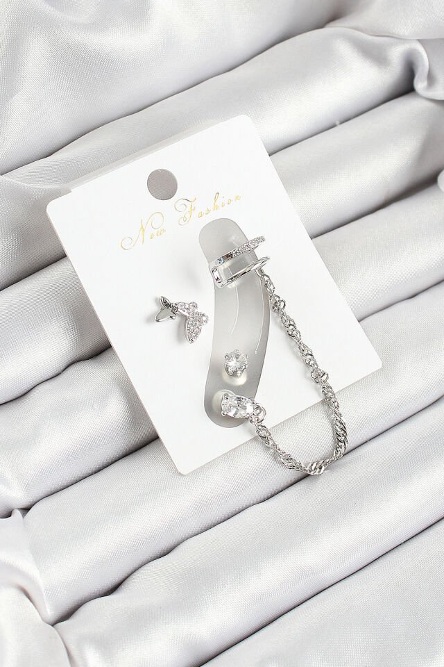 Pirinç Kelebek Figürlü Zirkon Taşlı Gümüş Renk 3'lü Kıkırdak Kadın Küpe Set