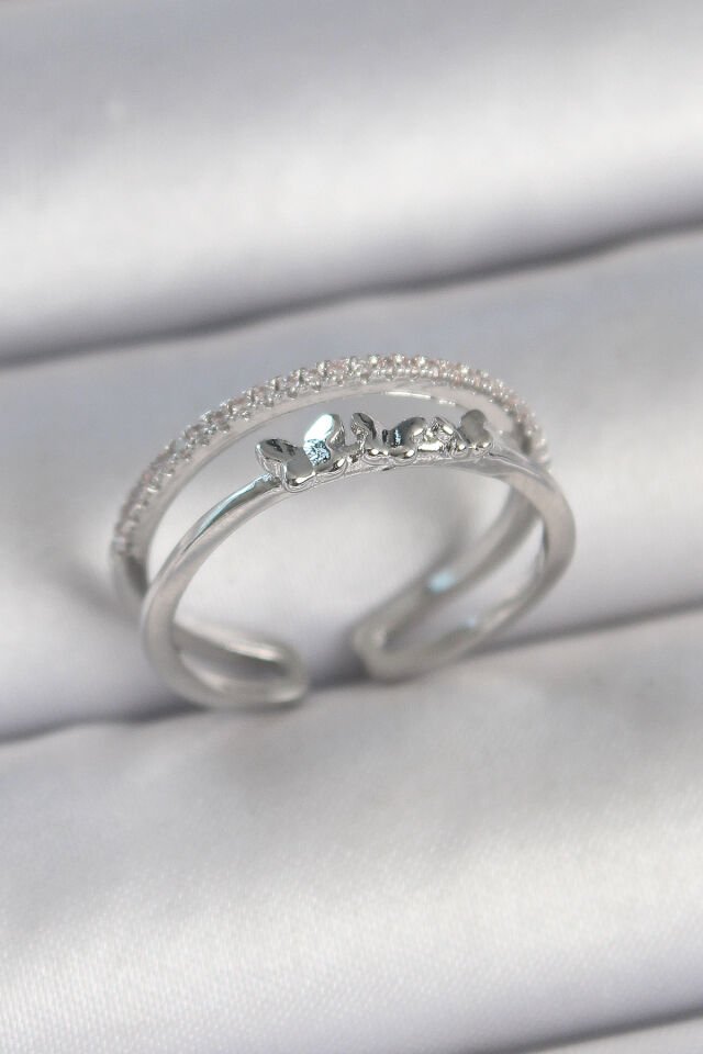 Pirinç Gümüş Renk 2'Li Zirkon Taş Detaylı Kelebek Figür Ayarlanabilir Model Kadın Yüzük