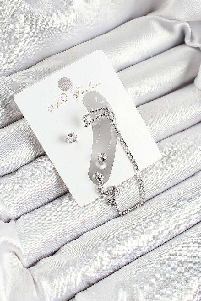 Pirinç Yılan Figürlü Zirkon Taşlı Gümüş Renk 3'lü Kıkırdak Kadın Küpe Set