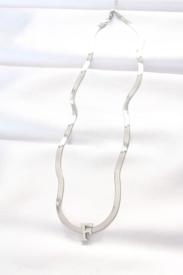 316L Çelik F Harfli Silver Renk İtalyan Zincirli Kolye