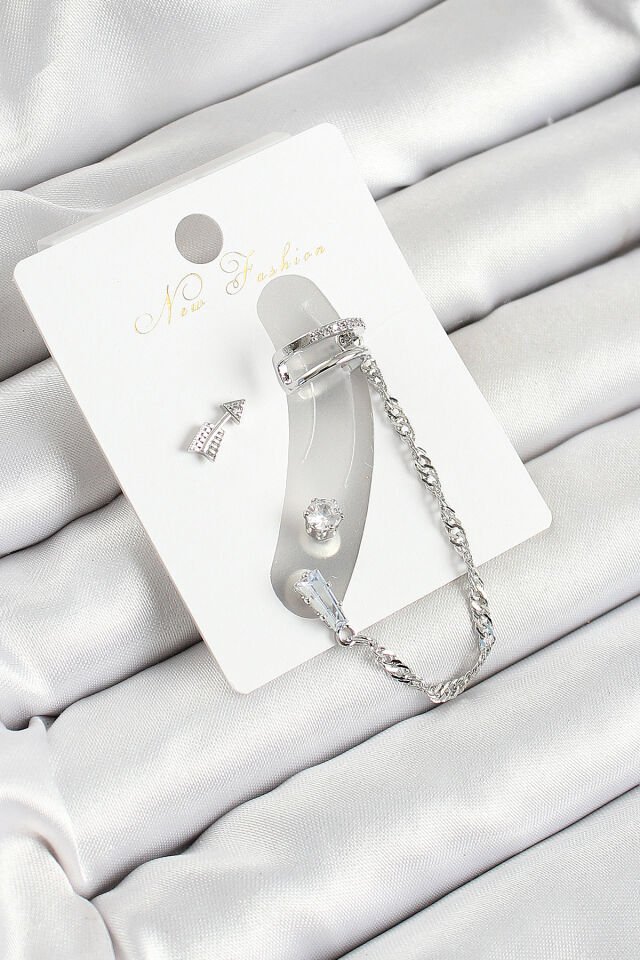 Pirinç Ok Figürlü Zirkon Taşlı Gümüş Renk 3'lü Kıkırdak Kadın Küpe Set