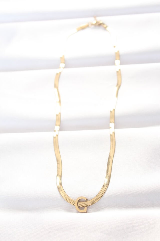 316L Çelik C Harfli Gold Renk İtalyan Zincirli Kolye