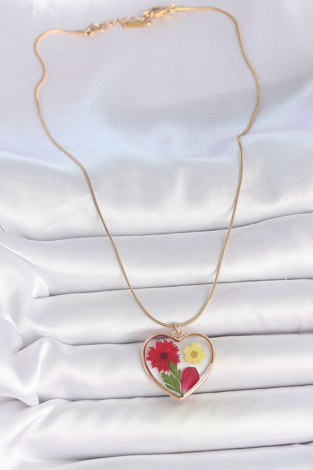 316L Çelik Gold Renk Zincir Epokis Kalp Doğal Çiçek Model Kadın Kolye
