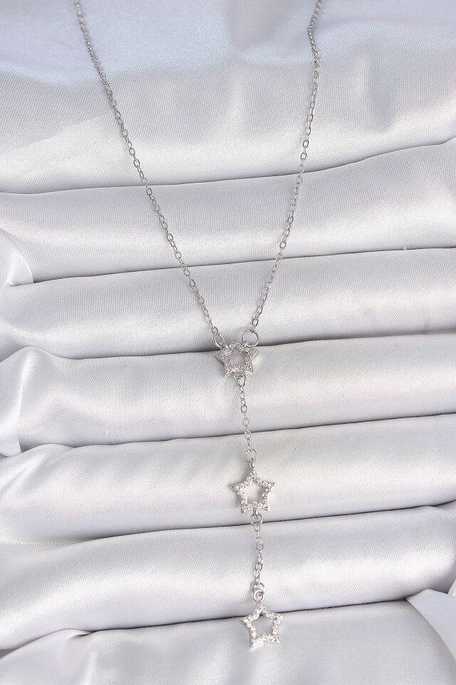 316L Çelik Gümüş Renk Zincir Zirkon Taşlı Yıldız Y Model Kadın Kolye