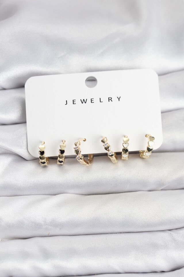 Gold Renk Pirinç Minimal Kalp Detaylı Kadın Küpe Seti