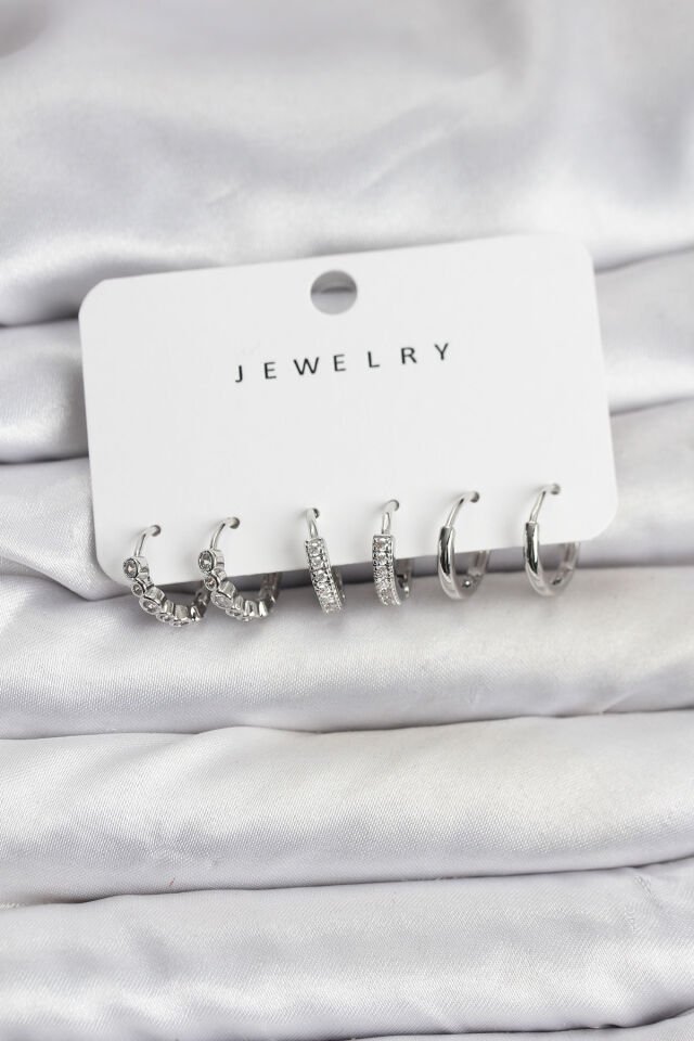 Gümüş Renk Pirinç Zirkon Taşlı Kadın Küpe Seti