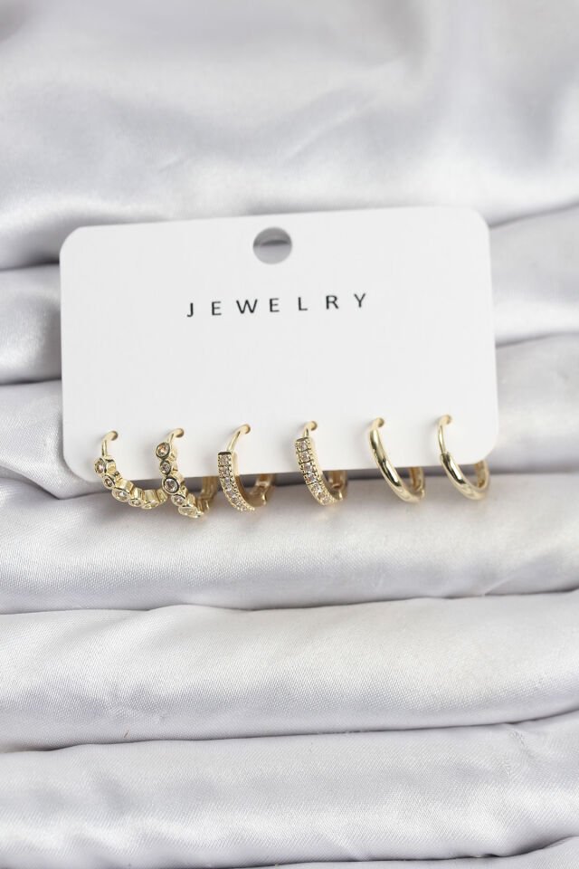 Gold Renk Pirinç Zirkon Taşlı Kadın Küpe Seti