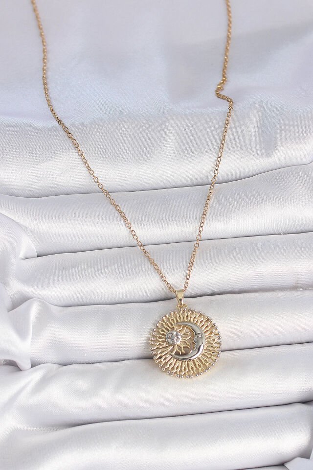 316L Çelik Gold Renk Mix Renk Ay Güneş Model Kadın Kolye