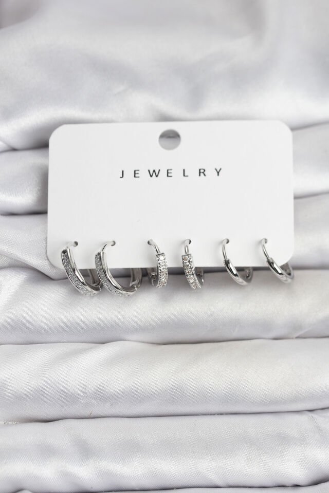 Zirkon Taşlı Gümüş Renk Pirinç Kadın Küpe Seti