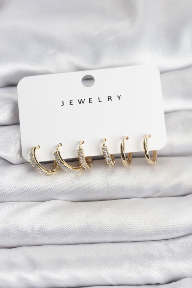 Zirkon Taşlı Gold Renk Pirinç Kadın Küpe Seti