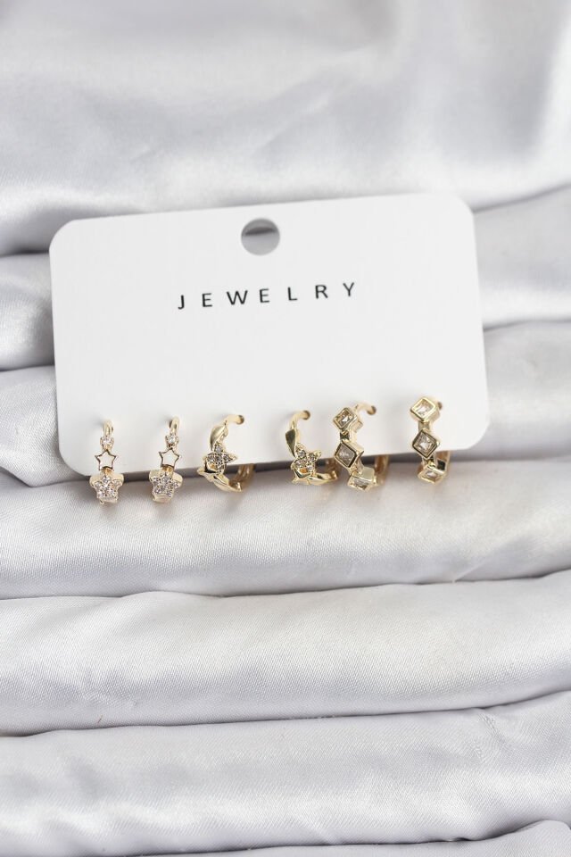 Gold Renk Pirinç Yıldız Modelli Kadın Küpe Seti