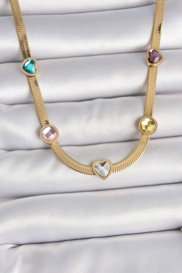 316L Çelik Gold Renk İtalyan Zincir Renkli Zirkon Taşlı Kalp Figür Kadın Kolye