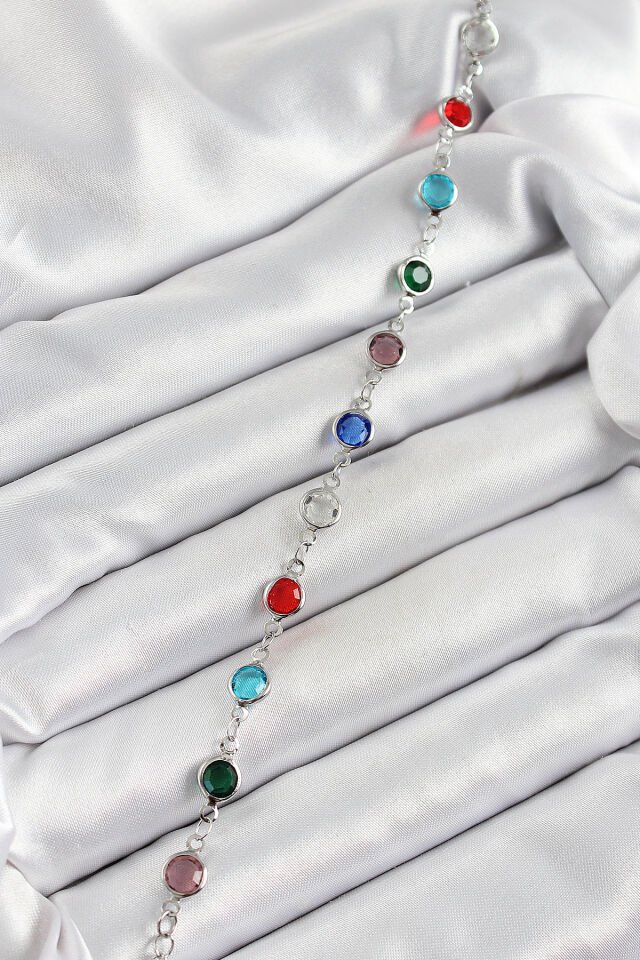 Pirinç Gümüş Renk Karışık Renk Zirkon Taşlı Kadın Bileklik