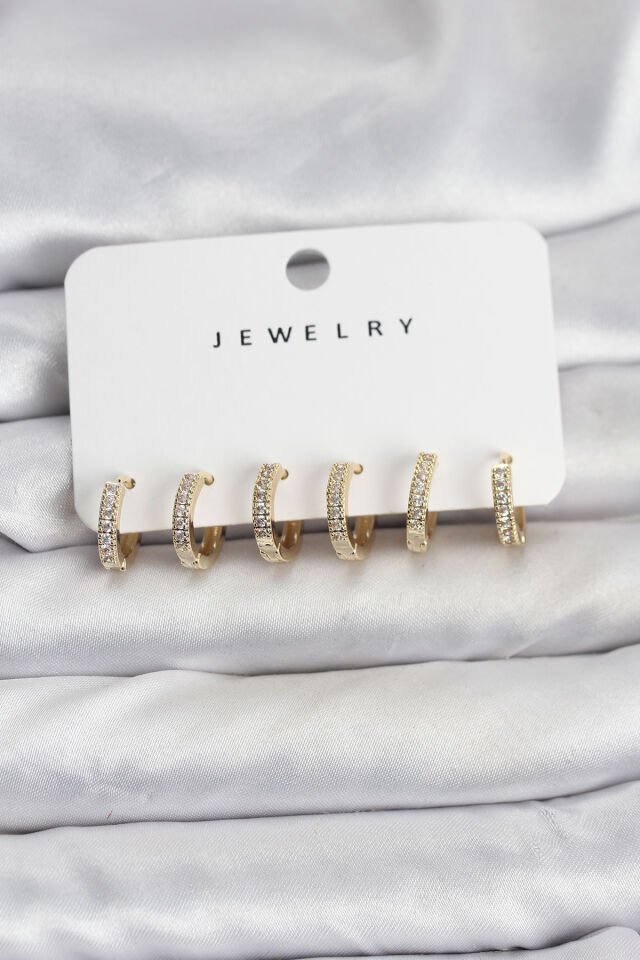 Gold Renk Pirinç Zirkon Taşlı Halka Kadın Küpe Seti