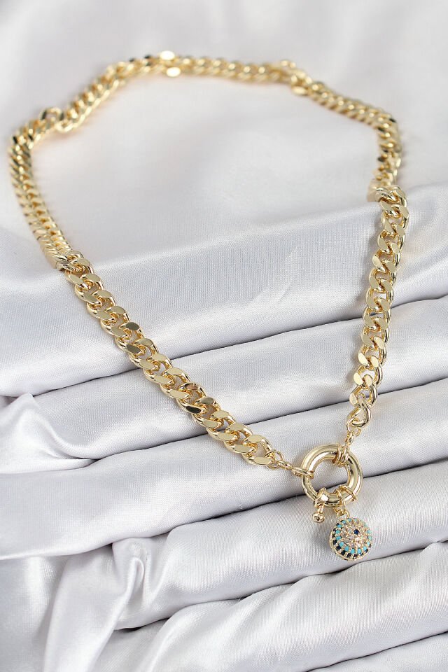 Pirinç Zirkon Taşlı Nazar Boncuk Detaylı Klasik Zincir Model Gold Renk Kadın Kolye