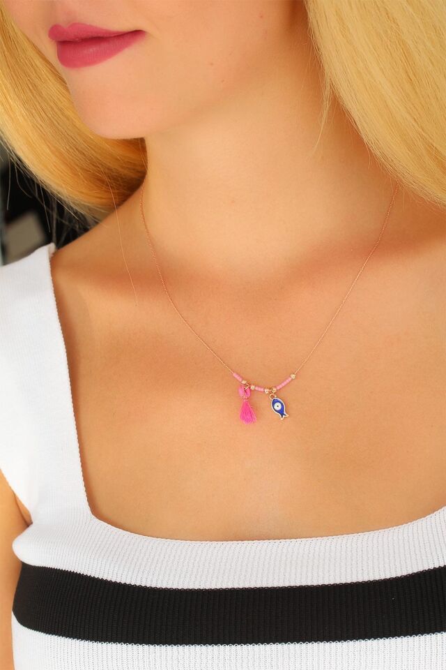 Nazar Boncuklu Pembe Renk Taşlı Rose Bayan Kolye