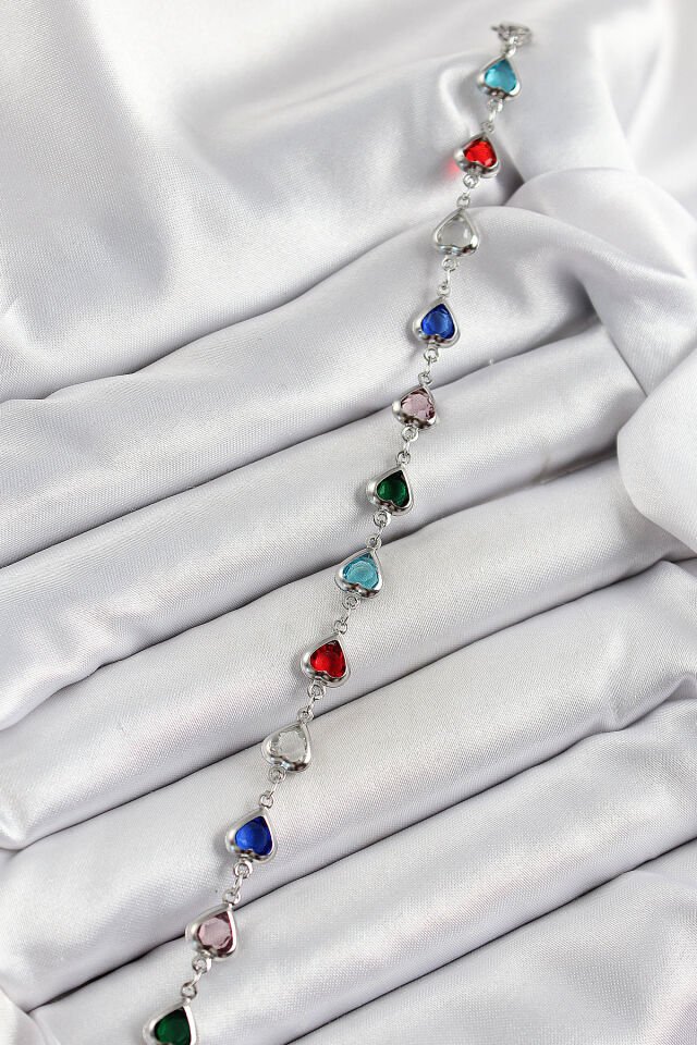 Pirinç Gümüş Renk Karışık Renk Kalp Zirkon Taşlı Kadın Bileklik