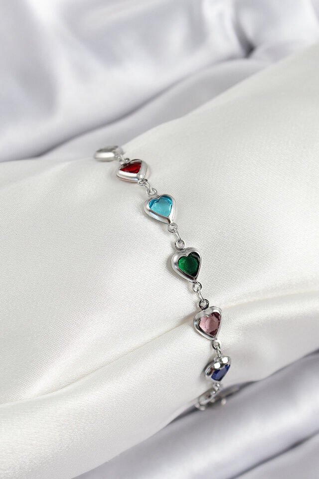 Pirinç Gümüş Renk Karışık Renk Kalp Zirkon Taşlı Kadın Bileklik