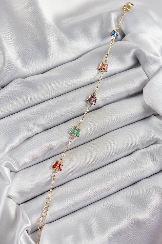 Pirinç Gold Renk Karışık Renk Kelebek Zirkon Taşlı Kadın Bileklik