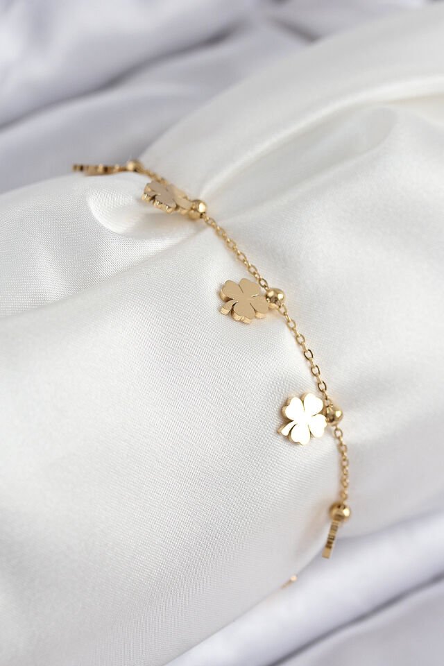 316L Çelik Sıralı Yonca Model Gold Renk Kadın Bileklik