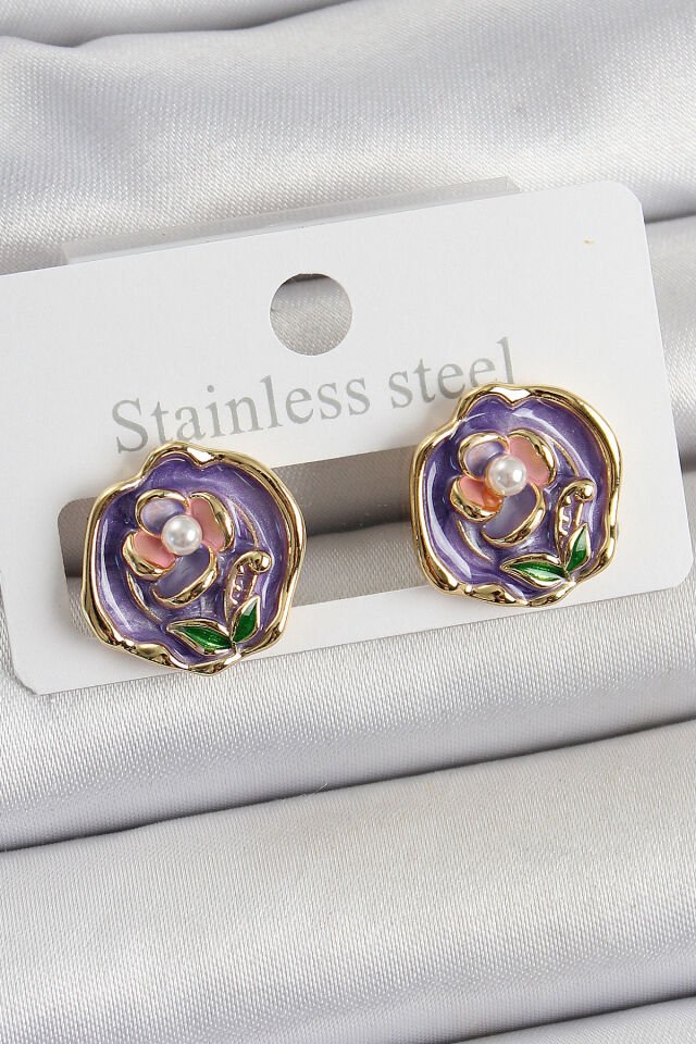 Pirinç Mor Mineli Çiçek Figürlü Sanatsal Portre Model Gold Renk Kadın Küpe