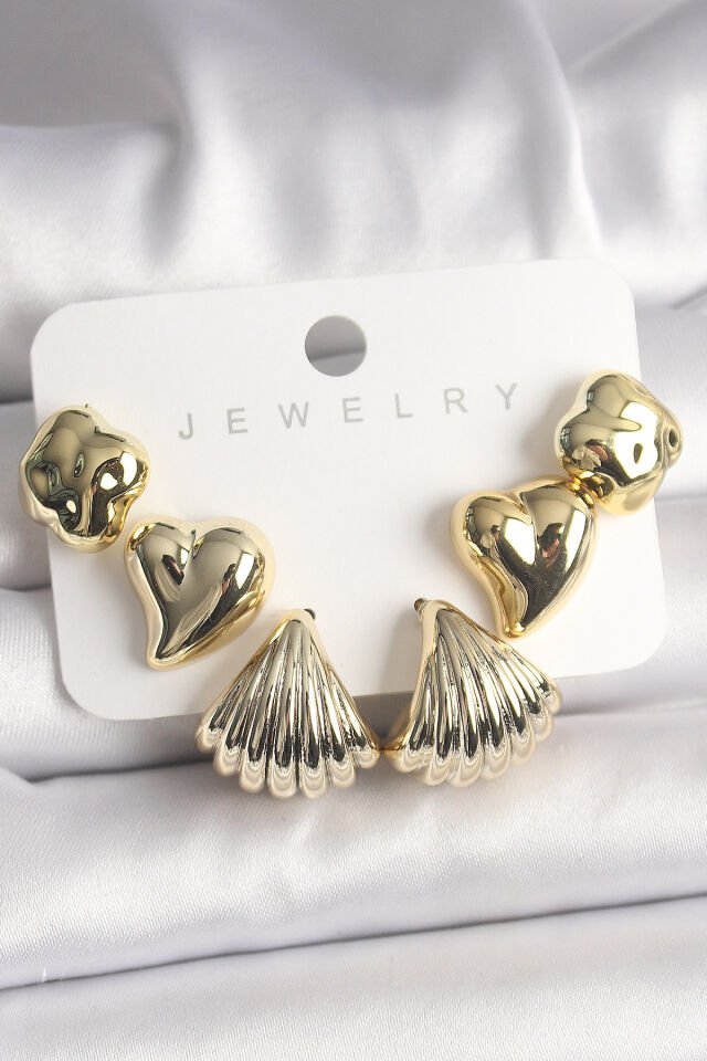 Gold Renk Yonca Kalp Deniz Kabuğu Figür CCB Kadın Küpe Seti