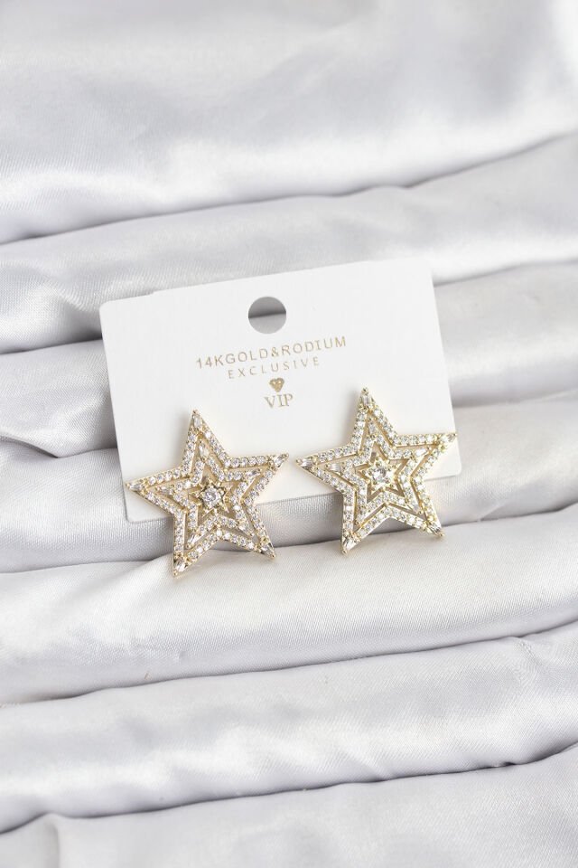 Gold Renk Pirinç Zirkon Taşlı Yıldız Model Kadın Küpe