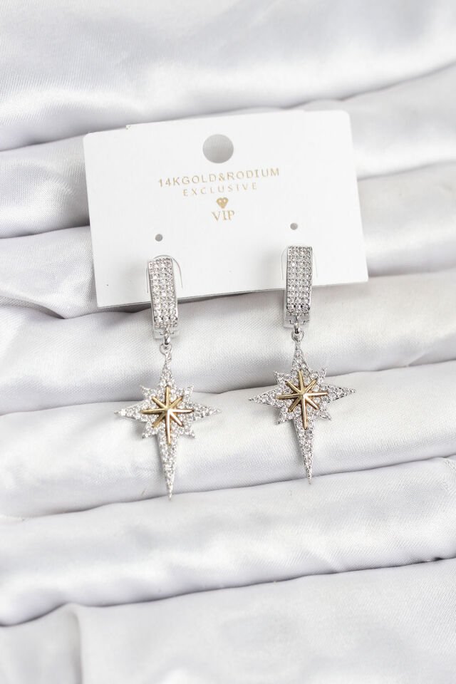 Zirkon Taşlı Gümüş Renk Pirinç Kutup Yıldızı Model Kadın Küpe