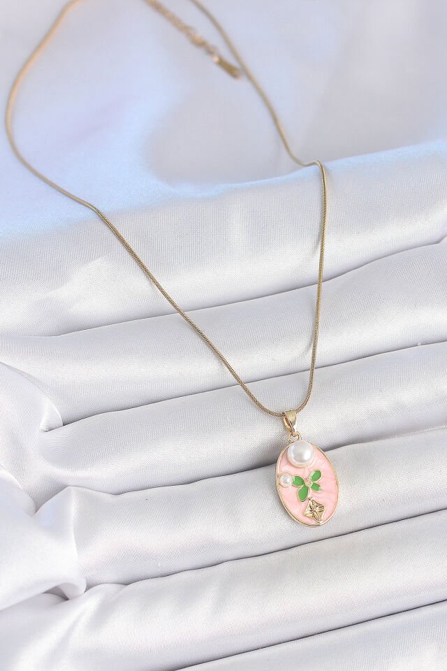 316L Çelik Gold Renk Zincir Pembe Mineli Oval İncili Çiçek İşlemeli Portre Model Kadın Kolye