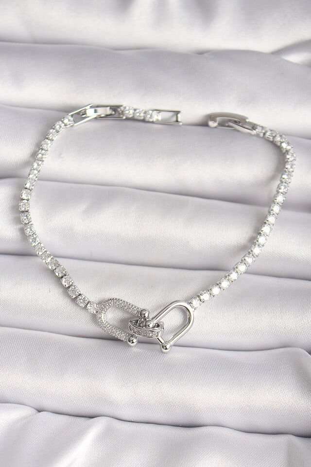 Pirinç Gümüş Renk Su Yolu Zirkon Taşlı Model Kadın Bileklik