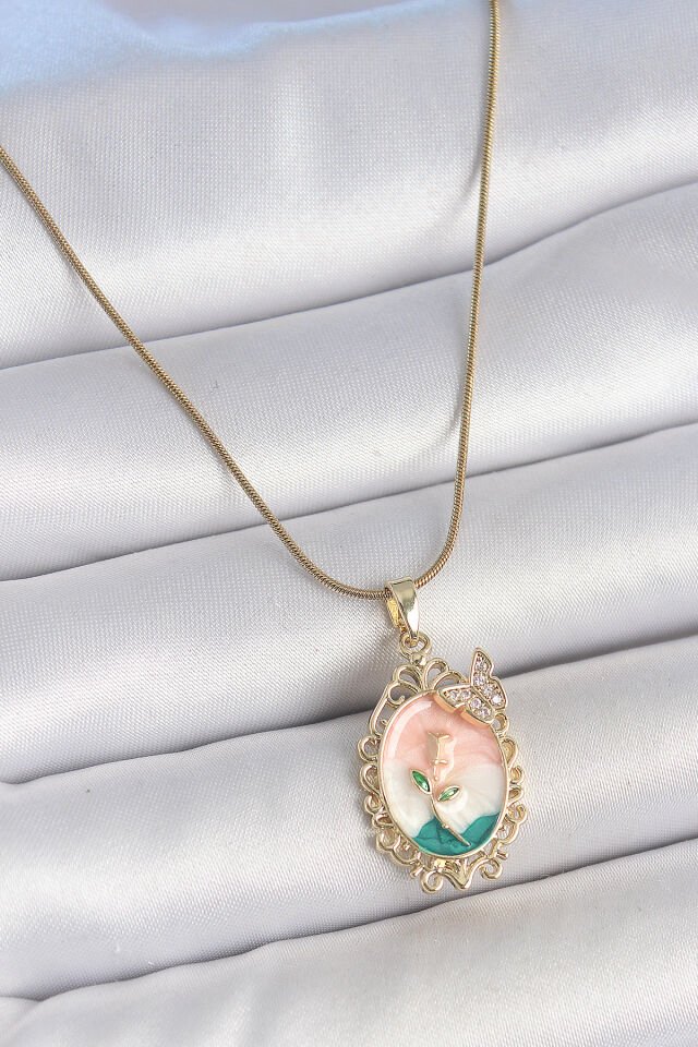 316L Çelik Gold Renk Zincir Mix Renk Çiçek İşlemeli Zirkon Taş Detaylı Portre Model Kadın Kolye