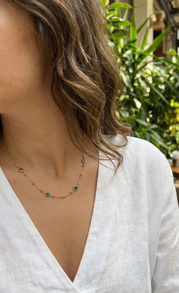 316L Çelik Gold Renk Nazarlı ve Topçuklu Model Kadın Kolye