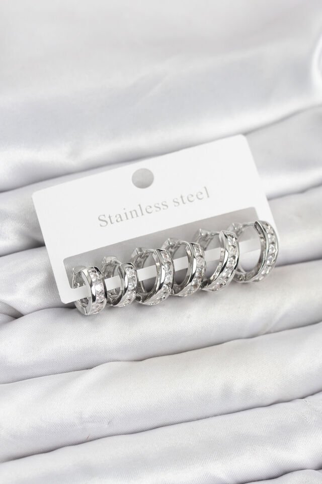 316L Çelik Gümüş Renk Su Yolu Halka Küpe Seti