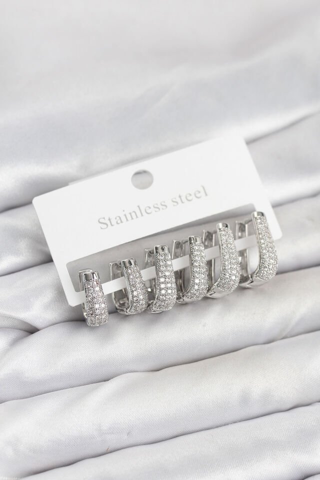 316L Çelik Gümüş Renk Zirkon Taşlı Damla Halka Küpe Seti