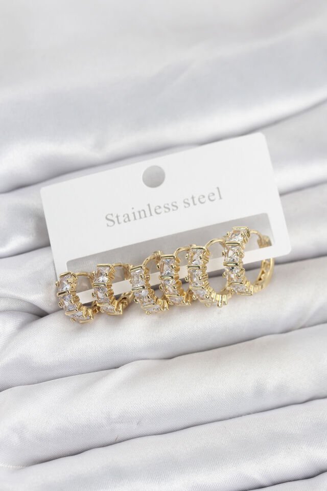 316L Çelik Gold Renk Baget Zirkon Taşlı Halka Küpe Seti