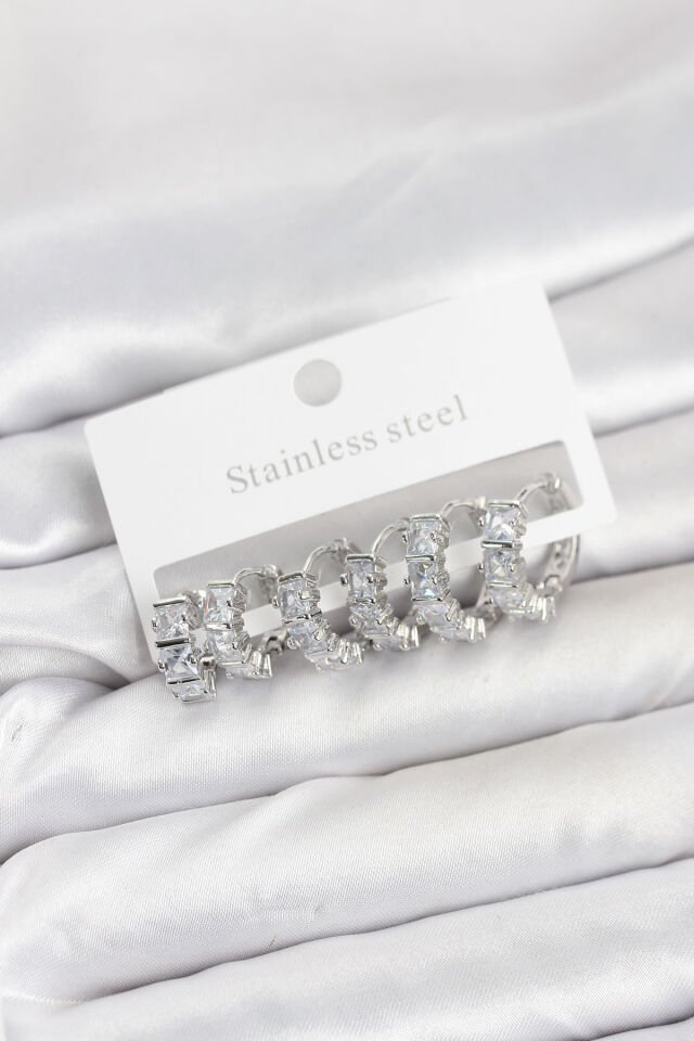 316L Çelik Gümüş Renk Baget Zirkon Taşlı Halka Küpe Seti