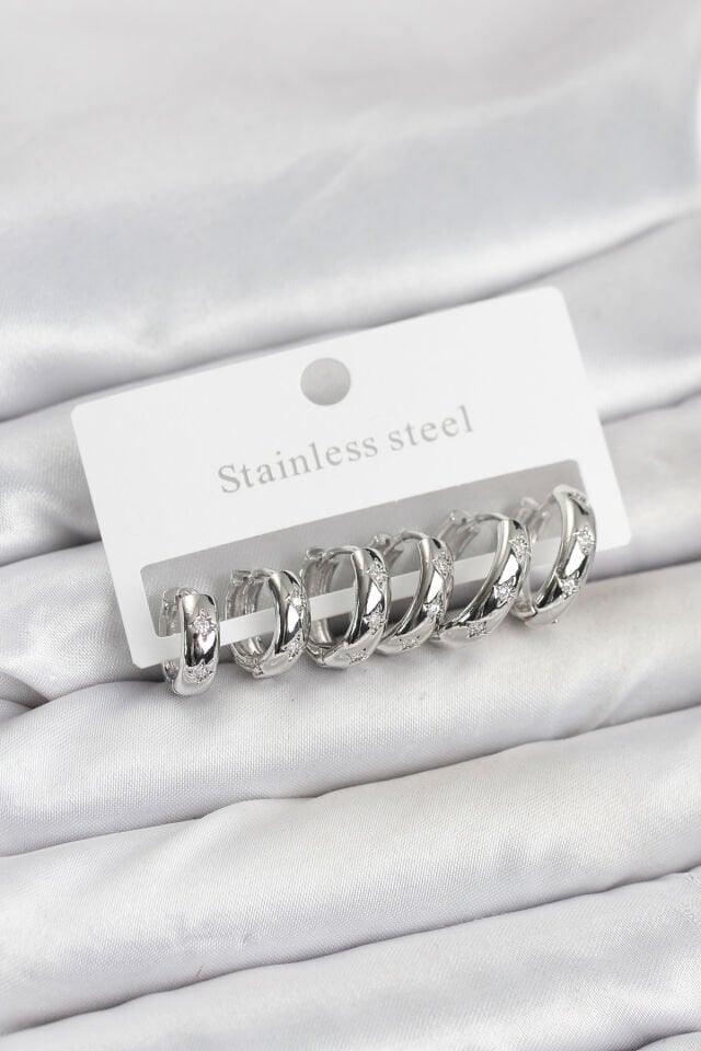 316L Çelik Gümüş Renk Zirkon Taşlı Kutup Yıldızı Model Halka Küpe Seti