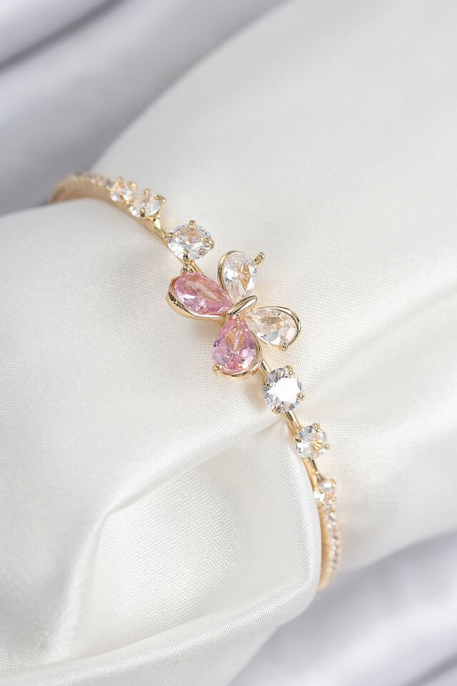 Pirinç Zirkon Taşlı Kelebek Model Gold Renk Kadın Bileklik