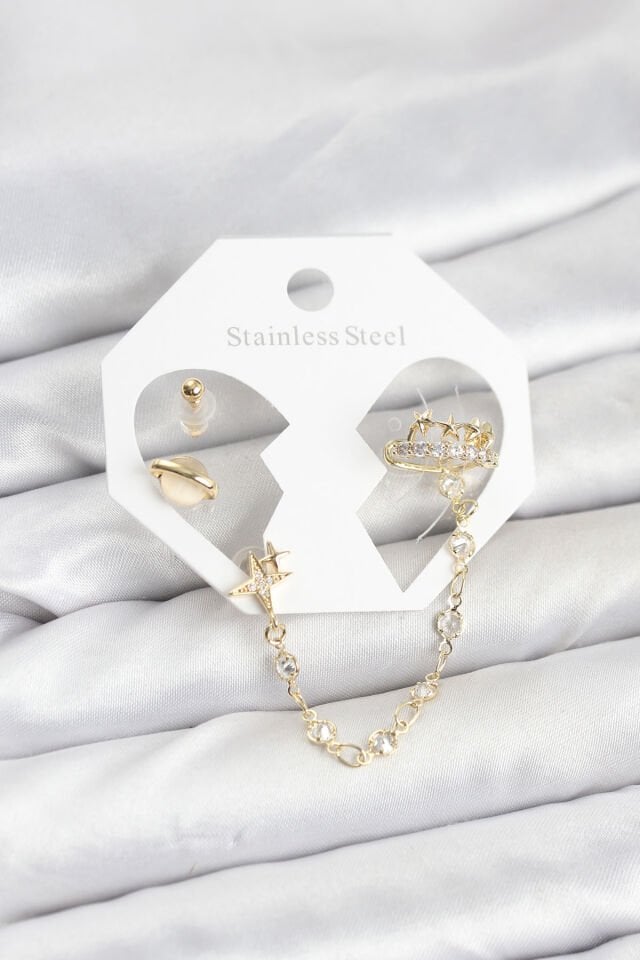 Pirinç Gold Renk Uzay Model Zincir Bağlantılı Ear Cuff Küpe Seti