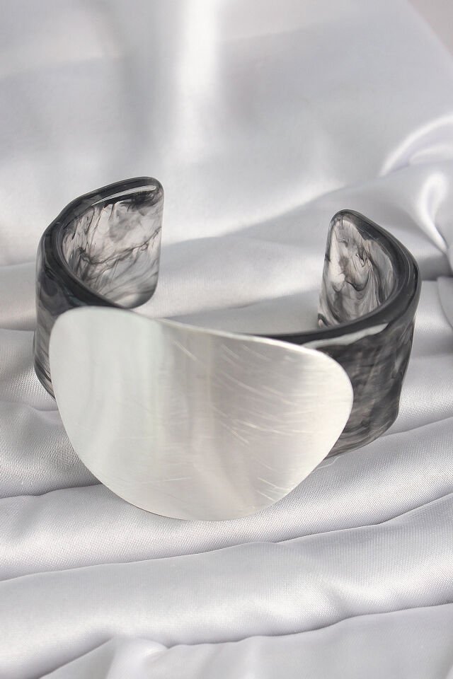 Siyah Mermer Desen Akrilik Pilastik Gümüş Plaka Model Vintage Kadın Bilezik