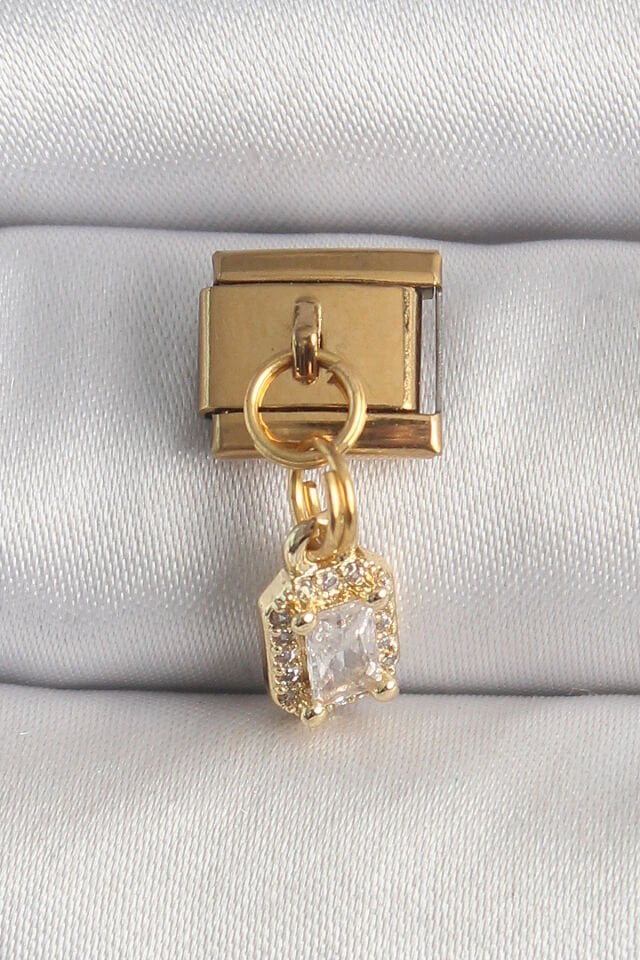 316L Çelik Gold Renk Sallantı Zirkon Taşlı Kare Model Nomination Charm