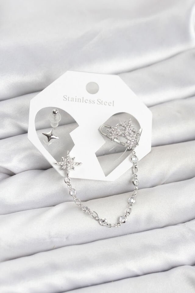 Kutup Yıldızı Model Pirinç Gümüş Renk Zincir Bağlantılı Ear Cuff Küpe Seti